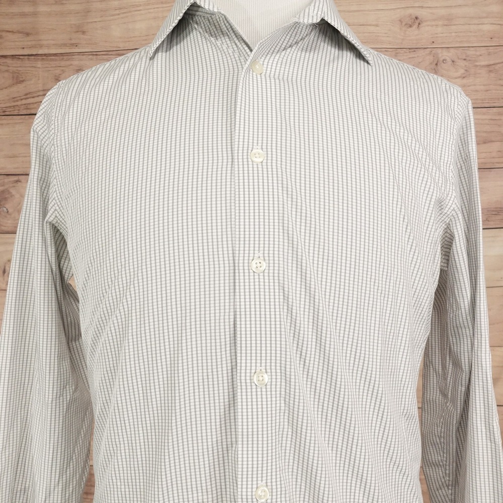 Kenneth Cole Reaction Shirt Mens M 15-15.5 Grey Check Excellent Slim Non-Iron